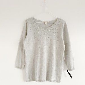 EMALINE, NWOT, Women's Crew Neck Long Sleeve Sweater with Pearl Detail, Gray